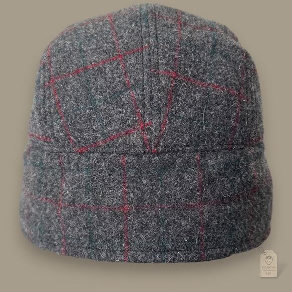 L.L. Bean Wool Plaid Winter Ear Flap Hat Gray Red Check Small - Picture 5 of 7